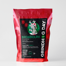 Load image into Gallery viewer, A festive red coffee bag with a reindeer design and 'Grindhog Day' branding on a white background