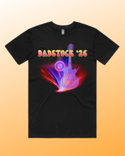 Load image into Gallery viewer, bright neon purple, pink, and red colours shining over a neon pink and purple guitar, and vinyl record, with the word Dadstock '26 at the top - on a yellow gradient background
