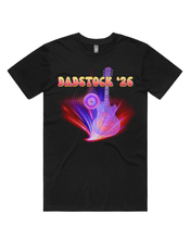 Load image into Gallery viewer, bright neon purple, pink, and red colours shining over a neon pink and purple guitar, and vinyl record, with the word Dadstock '26 at the top 
